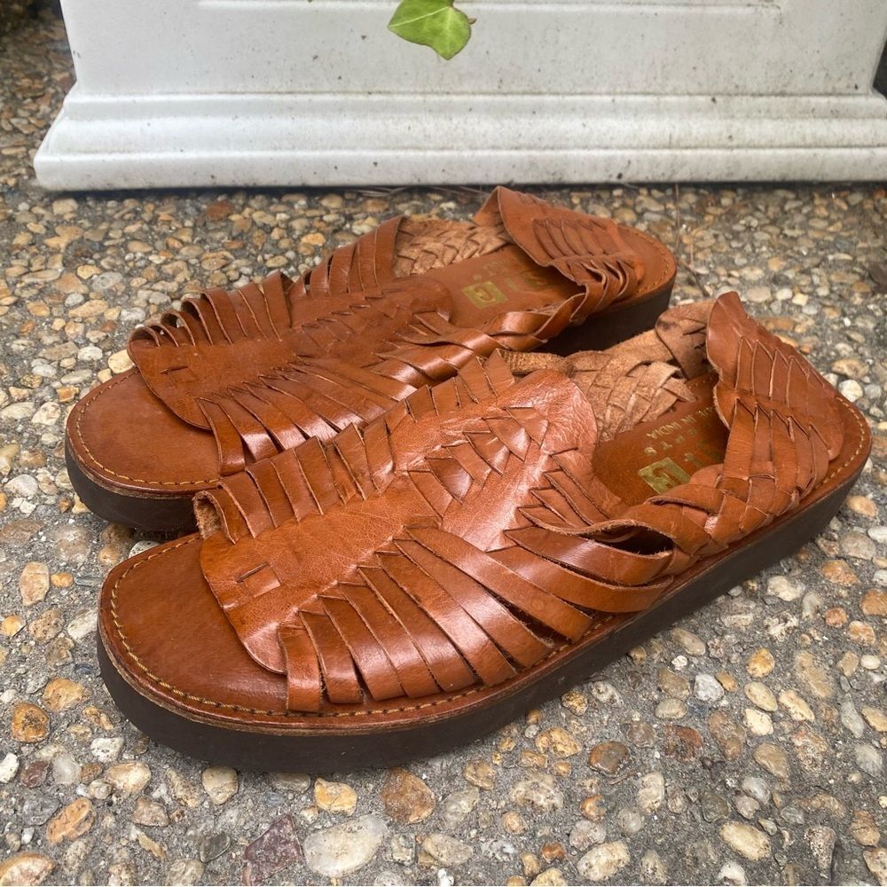 Brown Leather Woven Slide Sandals